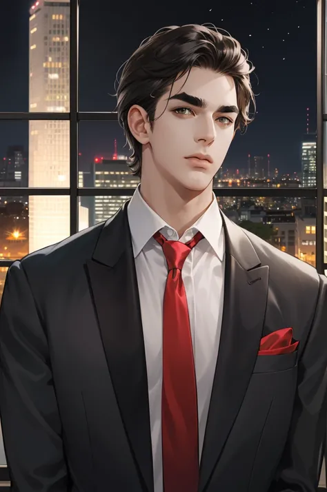 (absurdres, highres, ultra detailed), (1 male, solo, adult, mature:1.4, aged up:1.4, old age, tall muscular guy, broad shoulders, handsome), very short hair, black hair, pomade, brown eyes, (angular jaw:1.4, thick neck:1.4, thick eyebrows:1.4), BREAK, nigh...