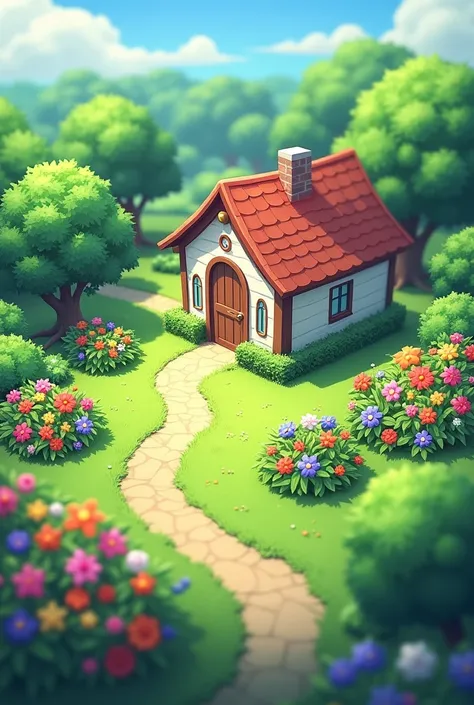  simple house standing on grass and paths, flower garden also , bright atmosphere, realistic