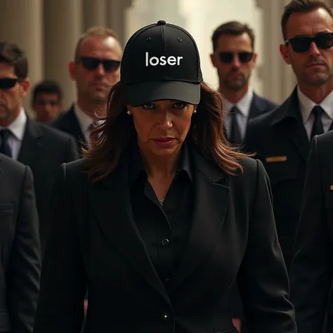 A Masterpiece of Democrats defeated secret service with dark glasses walking out Kamala Harris shes wearing a black baseball cap that reads LOSER after the 2025 election with shame humiliation and embarrassment on her face feelings Bad
