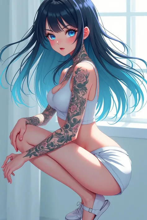 a beautiful young woman (anime),  with black hair, light blue eyes, with various tattoos from neck to legs,with clothes: Crooped white ,  white shoe,  short white shorts .