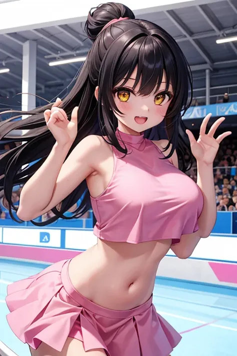 1 girl, best quality, masterpiece, 8K, cute, shiny skin, pink costume, figure skating dress, crop top, (navel:1.2), midriff, bare stomach, huge breasts, long hair, black hair, topknot, yellow eyes, smile, open mouth, smile, skating rink,  