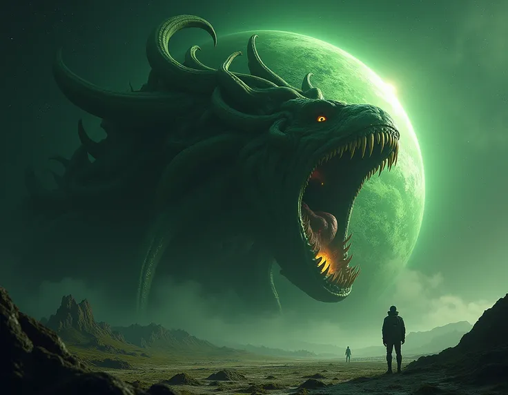 A giant monster swallows an unknown green planet whole.