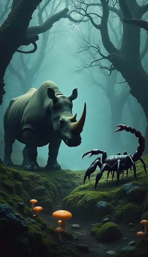 A scorpion and a rhinoceros face off in the haunting depths of a witch forest. The massive rhino stands on a patch of mossy ground, its horn gleaming in the dim, eerie light, while the scorpion, unnaturally large, crouches on a rocky outcrop with its claws...