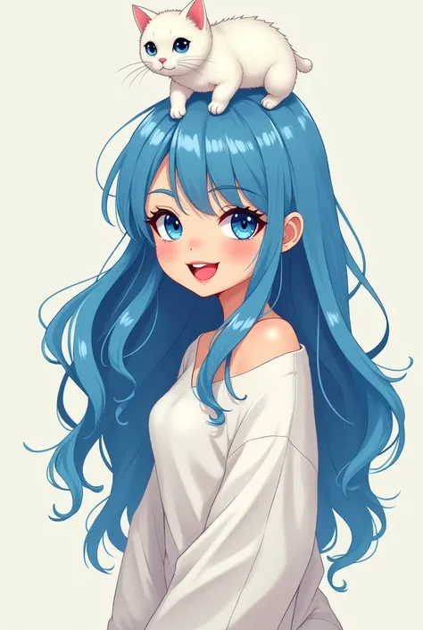 woman, 22 years old, Long blue hair fringe on the eyes, beautiful smile,  Red cheeks , Intense blue look , Young, com roupa branca,  white pet cat on the head, cartoon style