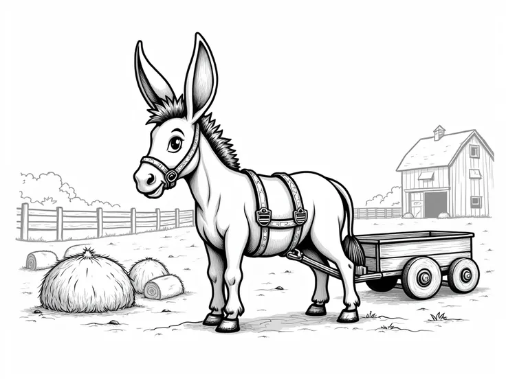 "A detailed illustration of a donkey standing in a rustic farmyard, drawn in black-and-white with bold, clean lines. The donkey features long, expressive ears, a textured mane, and a sturdy, well-defined body. It is depicted wearing a simple harness with i...