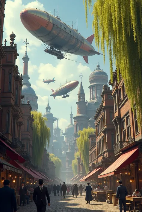 A large Victorian Steampunk town with Willow trees and Airships flying overhead