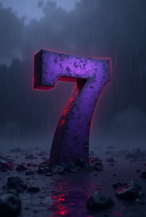  A logo written in 7F with the font half in bold, With the 7 with a dark purple color , o F white ,  with a background with an atmosphere of and rain in a very open space that shows a lot of fear. VERY REALISTIC in 3d 4k 