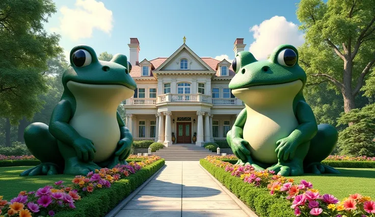  a multi-storey mansion standing on grass and walkways, flower garden also , giant green toad sculpture in front of the house , bright atmosphere, hyperrealistic, front view