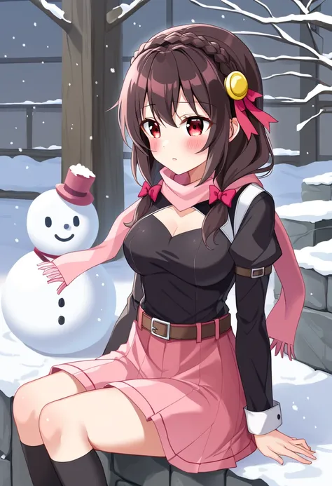 yunyun、masterpiece, top quality,  high definition ,(One person), Yunyun、名前はYunyun,  crown braid the same color as hair,  black hair、 red eyes、 Hair Accessory ,  hair ribbon, ( pink tie :1.2), Black long sleeve,  pink skirt,  Knee-High Socks, belt, ( chest ...