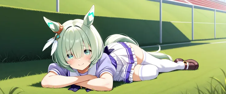 masterpiece , 1 girl , umamusume , Ultra detailed game cg , horse ear , [cherry cheek] , shy smile , light mint green hair , hair over eyes , bangs , curly bob , short stature , fair skin , flat chest , wide hip , curvy thigh , horse tail , feather decorat...