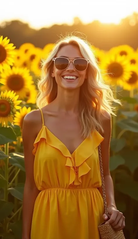 Yellow: The Joy Unfolds
Mood: Happiness, energy, and creativity.
Outfit: A bright yellow sundress with playful ruffles, styled with oversized sunglasses and a straw bag. The shoot takes place in a sunflower field under golden sunlight, evoking pure joy.

