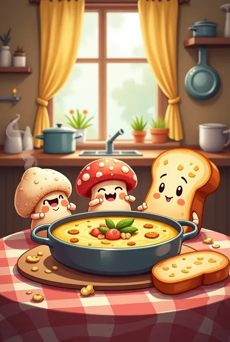 mushroom soup and garlic bread cartoon
