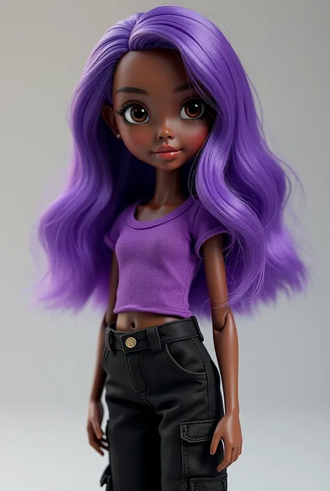 Doll with dark complexion . with brown hair, Half-violet bangs (right side).  Black cargo pants and purple top t-shirt. style 3d 