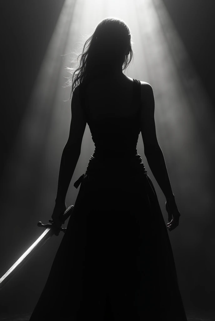 a brave women with a sword in her hand. fully black picture with only shadow. want her backview