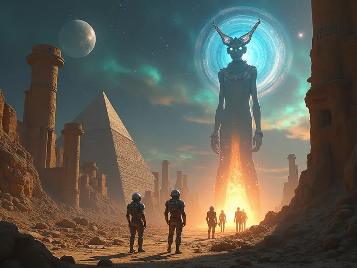 "Create an epic scene set on the ancient, forgotten planet of Zekhara, blending Egyptian architecture with advanced alien technology. The ruins of towering pyramids, now covered in glowing alien symbols, are bathed in the light of a distant, cosmic aurora....