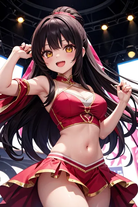 1 girl, best quality, masterpiece, 8K, cute, shiny skin, pink costume, ballerina, navel cutout, (navel:1.2), midriff, bare stomach, huge breasts, long hair, black hair, topknot, yellow eyes, smile, open mouth, smile, stage,  stage light,