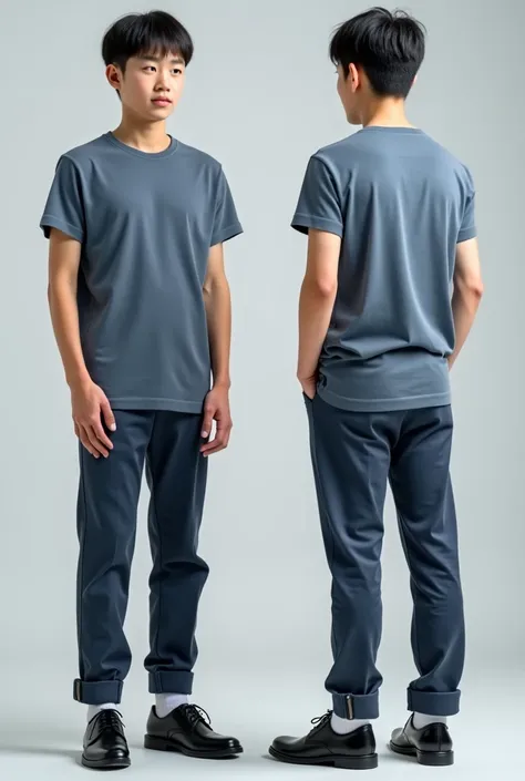 Make realistic photography, ultra HD, detailing an a man, high school, short neat hair, wearing a neat short T-shirt blue grey colour with long dark blue grey pants with black school shoes,  in two positions in front and back. 