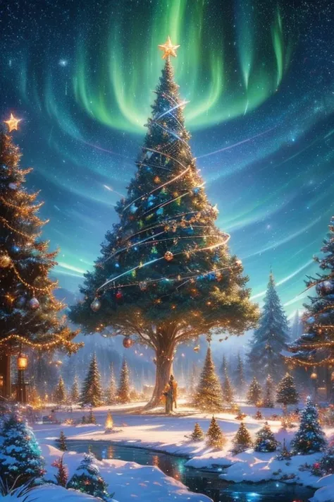 A massive World Tree, towering into the sky, is transformed into a majestic Christmas tree. The trees branches are adorned with sparkling, multicolored lights, shimmering ornaments, and flowing garlands of gold and silver. The roots spread wide over a snow...