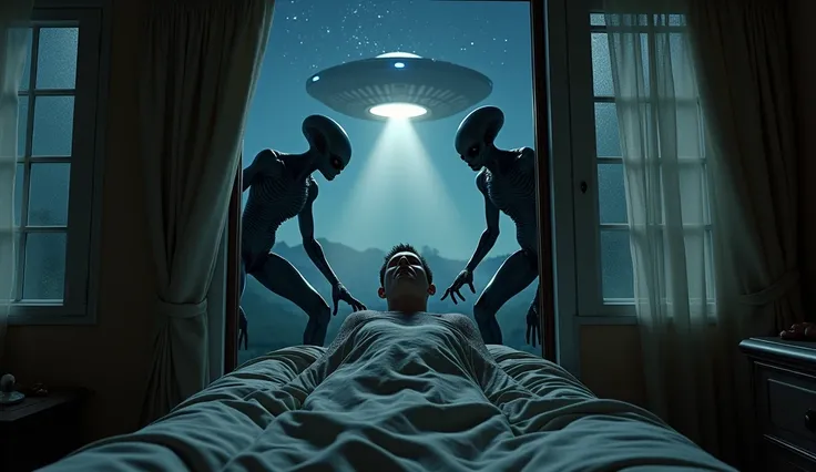 Hyper realistic, hyper detailed, gray extraterrestrials are abducting a man from inside his sleeping house, and taking him to a pyramid-shaped spaceship at night.