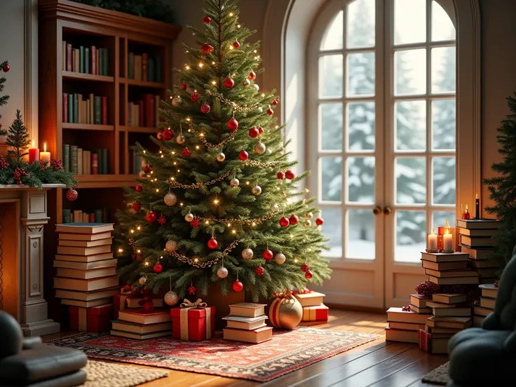 Create a more beautiful Christmas image with a tree and without Santa Claus and with more Christmas elements and books