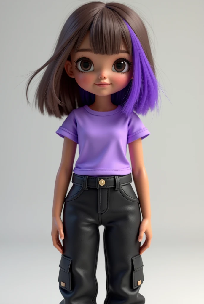 White-skinned doll /dark-skinned.  With shoulder-length brown hair with half purple bangs (right side).  Black cargo pants and purple top t-shirt. style 3d 