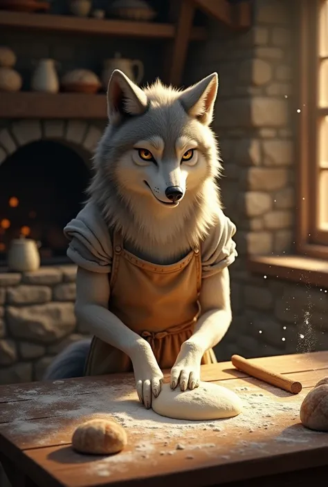 Willow, a strong and determined wolf, is kneading dough on a rustic wooden table. Her paws move with efficiency and care, and she wears a flour-dusted apron over a simple tunic. The kitchen is filled with the smell of baking bread, with warm light coming f...