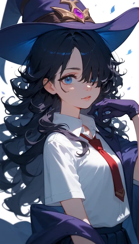 1 young girl， long dark black curls ， blue eyes，black Hogworth school uniform， white shirt ，The tie is crooked，Wizard Hat ，LOL， brim covers one eye，Gloves