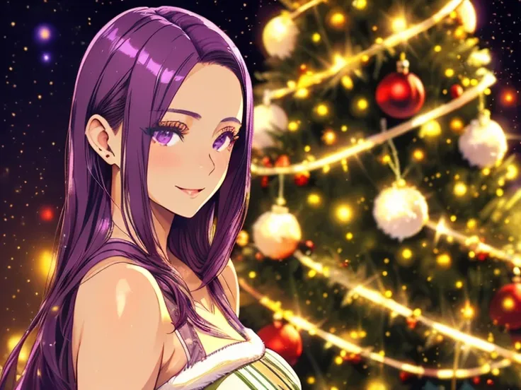 A dominant older girl!, Seira Sodeshiro!, natural-tan, christmas-tree-paradise-themed with long violet hair, decent makeup!, realistic and elaborate, best quality, oil color fidelity!, realistically dim-rendered photoimage!, next to the christmas tree, str...