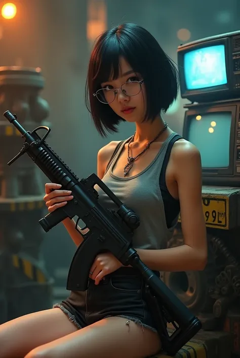 Beautiful Asian woman, 18 years.

A young woman with short dark hair and glasses poses confidently in a dimly lit industrial setting. She wears a gray tank top, black denim shorts, and a necklace, while holding a mobile phone displaying a game, An assault ...