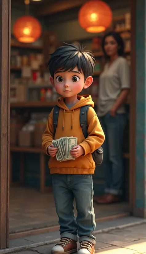 The boy standing at the store entrance, clutching a small bundle of cash, his expression a mix of hope and determination. The storekeeper watches from behind the counter, slightly surprised.

