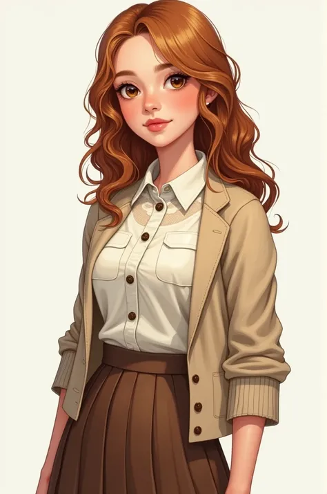  A drawing for a tabletop RPG token ,  a girl of approximately  ,  with North American features . wavy almond hair ,  honey-colored eyes and British-style clothes  