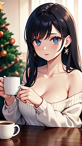  super detailed,  bright color,  girl, masterpiece,  sharp concentration,  top quality,  depth of field,  cinematic lighting ,  realistic ,  correct anatomy,  clevis on a stone, a young woman in a robe  holding  cups on a table in front of a Christmas tree...