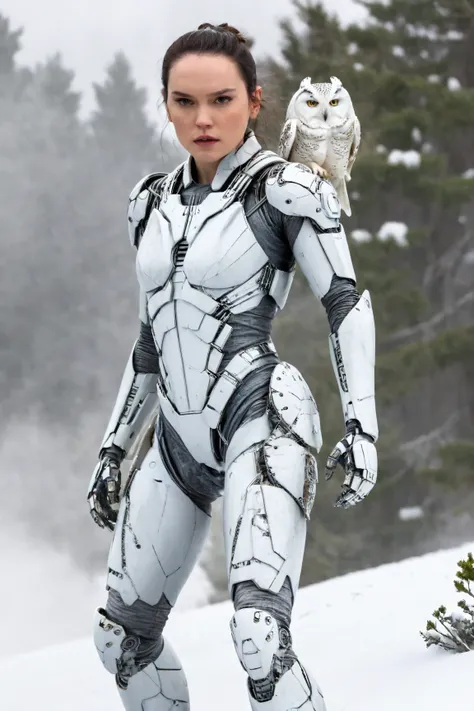 daisy ridley,(Surprised woman Cyborg trying hide face by destroying arm from over fly atached snow-Owl spirit), (epic and horror), detailed freeze clothes, ((elements of destruction on cybernetic parts)),(strong snowfall), detailed, good quality, masterpie...