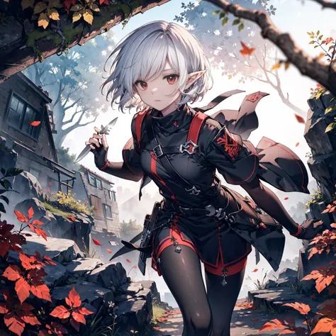 masterpiece, best quality, highly detailed, digital art, character design, full body shot, (female elf assassin), (white skin tone:1.3), (dark red eyes:1.2), ((short terracotta hair:1.3)), hair ornament, long eyelashes, (small pointy ears:1.2), lean muscul...