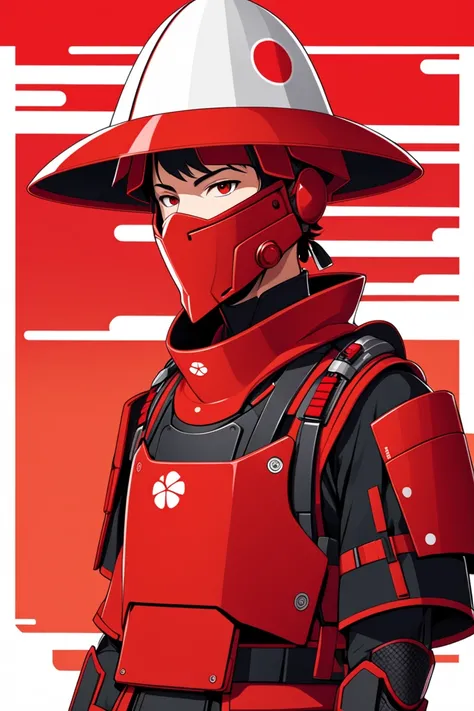 A male warrior. He is wearing a japanese inspired armor in red colors, with minimalist futuristic details. He is wearing an kettle hat . He is armed with a small rifle. The style is futuristic anime. The setting is clean and minimal, a japanese flag themed...