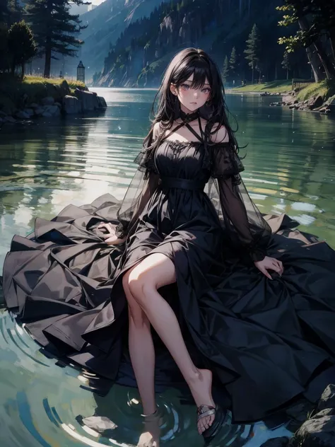 girl in black dress, lying in river, motionless, emotionless, knives, blood stains, black hair, dark, night, full body, scary