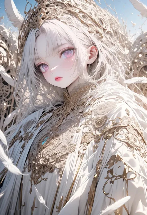 ((Original photo)), ((masterpiece)),  A human angel girl wears a white noble robe,  intricate details, football, Intricate Gribble artwork , The sky behind,  pink, Beautiful Feathers,  detailed eyes and lips
