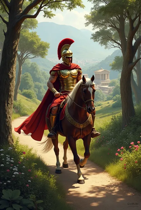  a Roman centurion in shades of red with armor and helmet riding on a road surrounded by trees, Put the name Delphi 