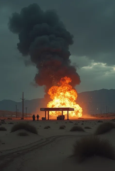 Photographie de nuit dun paysage dans le desert Californien avec une station essence qui explose avec un ciel gris 