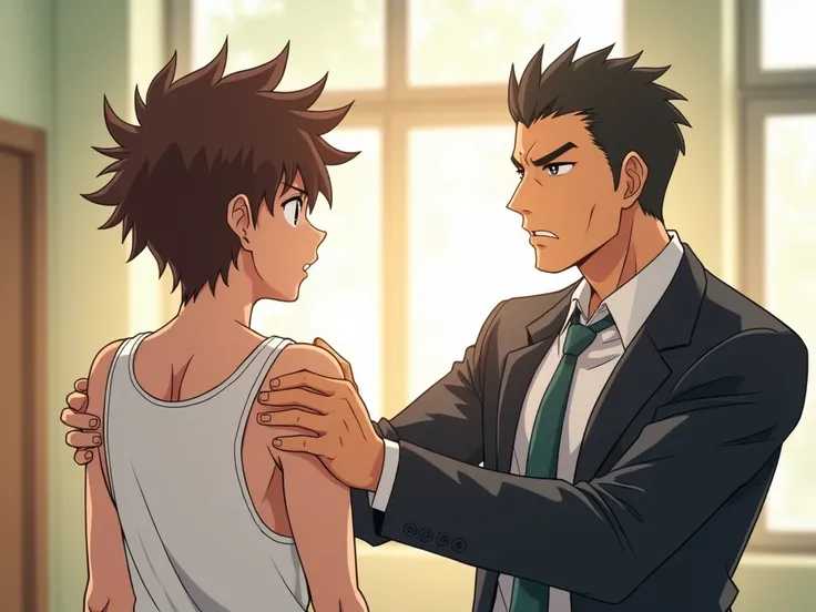 An anime-style illustration in a brightly sunlit room with a tense but professional atmosphere. A  boy with messy brown hair, wearing a snug white tank top, stands face to face with a strict but composed  principal in a suit, wearing a neutral expression. ...