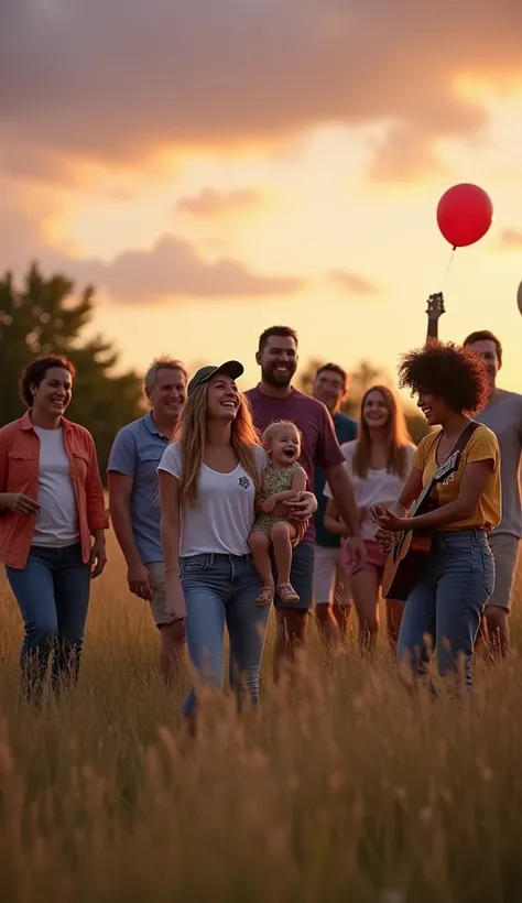  A diverse group of people of different ethnicities and ages are gathered in an open field at dusk, celebrating and laughing together .  Everyone wears casual and colorful clothing . A couple plays with a small  ,  while others are holding balloons and a g...