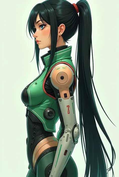 Cyberverse, 1 mature female, very long straight soft detail black hair/ponytail, transparent strict stabilo green, peach and white mechanical futurism Jacket,exo-skeleton armor, pakistani very cute beautiful warrior, large breast, voluptuous slender, slim ...