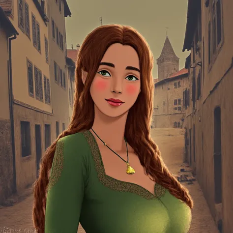 Create a photorealistic portrait of a sixteen-year-old young woman standing in a medieval town. She has long, vibrant red hair styled in a single braid, thin lips, and captivating green eyes. Her slightly large ears and charming dimple in her chin add to h...