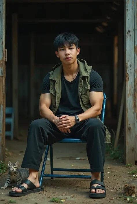 Korean man wearing black short sleeve t-shirt , 20 years old,  black shaved hair , (((Big arm muscles,  tight breasts ,  Muscle Bundle, ))),  Military green parka jacket , Black casual t-shirt as a bra ,Black 3 / 4 pants , sandals, sitting on a second-hand...