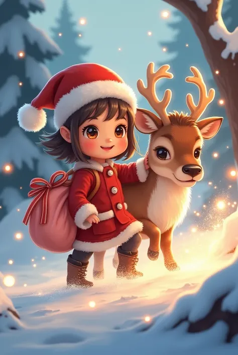 (masterpiece、 top quality、 top quality、 Official Art 、 beautiful and beautiful :1.2)、8-****-***、 cute girl、 1 girl, cute reindeer ，Shaggy，Large Eyes， shines with warm light 。 wear a red Santa hat ， Horse hooves floating in the snow  ， bring a gift bag  ，  ...