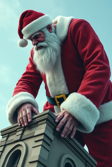 Giant and majestic Santa standing tall behind a building, bending down, hands going down to touch the building, with light blue sky background, realistic and cinematic image