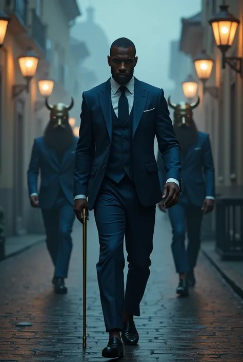 Create an artistic and cinematic portrayal of a man resembling Didier Drogba dressed in an elegant, tailored dark blue three-piece suit with a white shirt and tie. He walks confidently down a misty cobblestone street at night, illuminated by old-fashioned ...