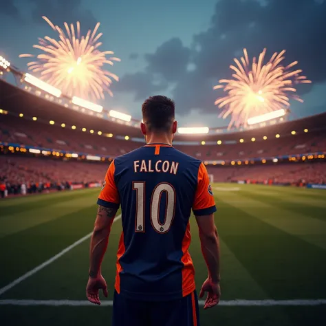 Create a full stadium ,  with a player celebrating ,  the weather this evening ,  the player is on the coast wearing a navy blue and orange uniform written FALCON 10,  with lots of fireworks in the sky 