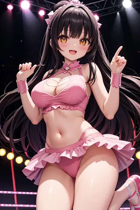 1 girl, best quality, masterpiece, 8K, cute, shiny skin, (pink costume, ballerina:1.2), navel cutout, (navel:1.2), midriff, bare stomach, huge breasts, long hair, black hair, topknot, yellow eyes, leg up, smile, open mouth, smile, stage,  stage light,