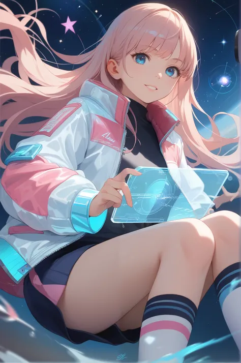 High Resolution,anime style, Masterpiece, Detail,character design,splash art.
BREAK
, 1girl,solo , close shot, (pink long hair:1),(holographic techwear jacket), neon color, blue eye, look at camera,  (white over knee sock).
BREAK
create background ,space, ...